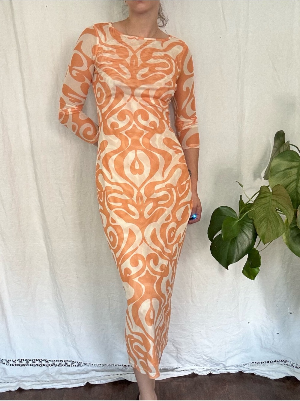 Find Me Now | Elegant Orange Patterned Sheer Midi Dress